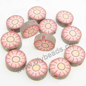 Bead, polymer clay, pink/brown, 10x4mm double-sided flat round with flower. Sold per pkg of 24.