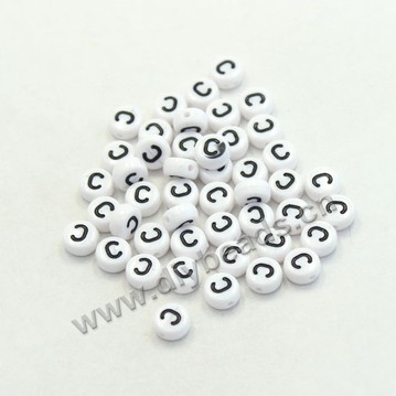 Bead mix, acrylic, white with black alphabet C, 7x4mm double-sided flat round with 1.2mm drill hole. Sold per pkg of 100ps