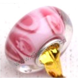 Bead, big-hole beads,Lampworked glass and silver-plated brass grommet,pink,,14x7mm rondelle with 4.5 mm hole,sold per pkg of 50ps