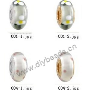 Bead,big-hole beads ,lampworked glass with silver-finished brass grommets,mixed colors and designs,6x12mm-8x14mm rondelle ,4mm spiral hole,sold per pkg of 10ps