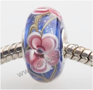 Bead, big-hole beads,Lampworked glass and 925 sterling silver grommet,Purple with flower, 14x7mm rondelle with 4.5 mm hole,sold per pkg of 50ps