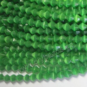 Bead, cat's eye glass,green, 8x8mm bicones, Sold per 14.5-inch strand.