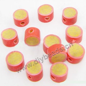 Bead, polymer clay, red/yellow, 6x4mm flat round. Sold per pkg of 24.