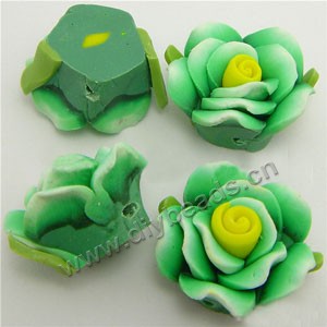 Bead, polymer clay, green with yellow, 18mm rose. Sold per pkg of 12.