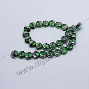 Bead ,silver-plated glass,green, 10mm flat round. Sold per pkg of ten 32cm strand.