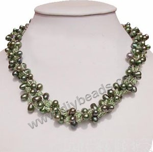 Necklace chokers,Pearl, cultured freshwater,dark green, rice,with seed beads,multi-strands.sold per pkg of 16 inch,factory price.