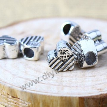 Bead,big-hole beads,alloy,10x10mm,heart,silver color,Sold per pkg of 50ps