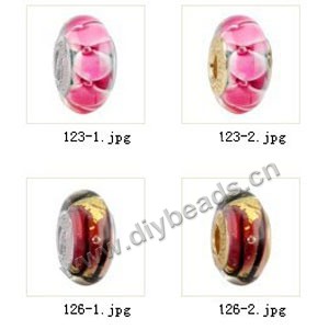 Bead,big-hole beads ,lampworked glass with silver-finished brass grommets,mixed colors and designs,6x12mm-8x14mm rondelle ,4mm spiral hole,sold per pkg of 10ps