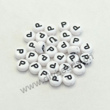 Bead mix, acrylic, white with black alphabet P, 7x4mm double-sided flat round with 1.2mm drill hole. Sold per pkg of 100ps