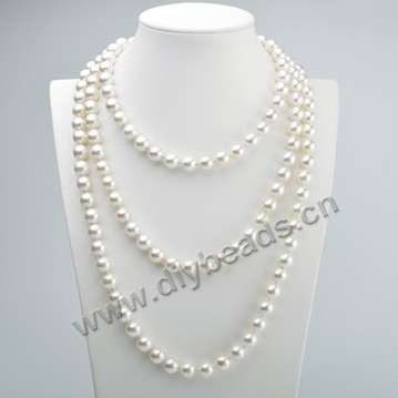 Shell Pearl Necklace, mother of pearl beads, white, 10mm round. Sold per 47-inch.