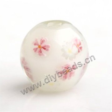 Bead,Japan lampworked glass,white with plum flower, 16x16mm round.mini order 100pc 