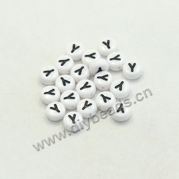 Bead mix, acrylic, white with black alphabet Y, 7x4mm double-sided flat round with 1.2mm drill hole. Sold per pkg of 100ps