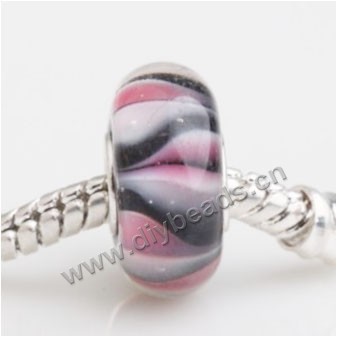 Bead, big-hole beads,Lampworked glass and silver-plated brass grommet,black with flower,14x7mm rondelle with 4.5 mm hole,sold per pkg of 50ps