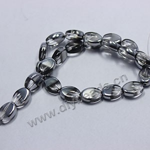 Bead ,silver-plated glass, clear, 13x10mm flat oval. Sold per pkg of ten 31cm strand.