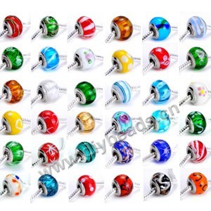 Bead mixed, big-hole lampworked glass beads with silver-finished brass grommets,multicolored, 14x9mm rondelle with 5mm hole. 36 styles to option.Sold per pkg of 500.