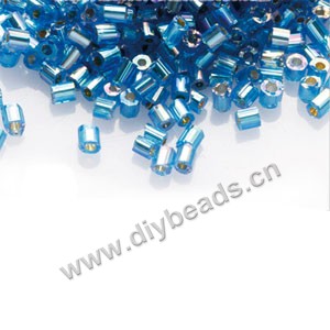 Bugle bead,taiwan, glass, silver-lined , blue ,#1 (2x2mm)hex beads. Sold per pkg of 500 grams,approximately 40,000ps 