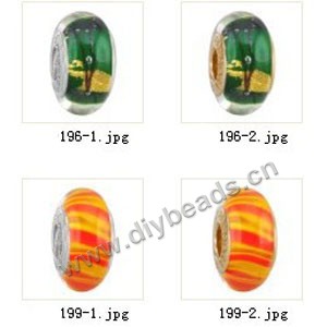 Bead,big-hole beads ,lampworked glass with silver-finished brass grommets,mixed colors and designs,6x12mm-8x14mm rondelle ,4mm spiral hole,sold per pkg of 10ps
