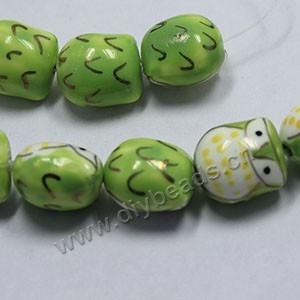 Bead, porcelain, green, 16x14mm hand-painted owl. Sold per pkg of 16.