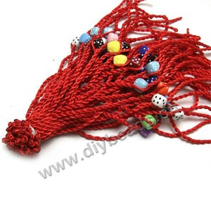Cord, nylon with smooth satin finish, red, 2.5mm twisted with 11mm pocelain round beads,bracelet componetnts. Sold per pkg of (100)17.5-19cm strands,factory price