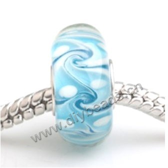 Bead, big-hole beads,Lampworked glass and silver-plated brass grommet,blue,14x7mm rondelle with 4.5 mm hole,sold per pkg of 50ps