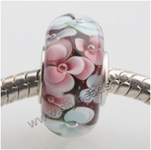 Bead, big-hole beads,Lampworked glass and 925 sterling silver grommet,black with flower, 14x7mm rondelle with 4.5 mm hole,sold per pkg of 50ps
