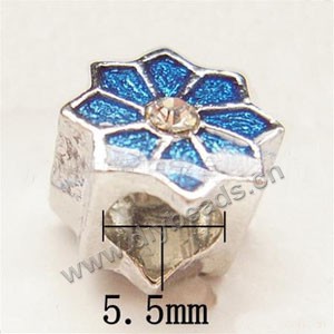 Bead, big-hole beads,pewter and enameled , blue, 10x10mm  tube with double-side flower and rhinestone,and  5.5mm hole. Sold per pkg of 10ps