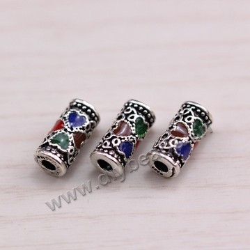Enamel Bead, 925 Thai silver, round tube, 5*10mm, 2mm hole, multicolored, Sold per pkg of 1 bag-5 pieces.
