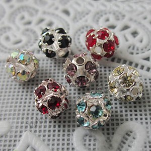 Bead, big-hole beads,brass ,mixed colors, 6mm round with rhinestone, 4.5mm hole. Sold per pkg of 10ps