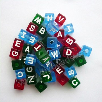 Bead, acrylic,mixed color,alphabet, 7x7mm cube with 3mm drill hole. Sold per pkg of 500grams