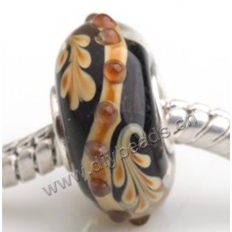Bead, big-hole beads,Lampworked glass and silver-plated brass grommet,black with flower,14x7mm rondelle with 4.5 mm hole,sold per pkg of 50ps