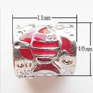 Bead, big-hole beads,silver-plated pewter and enameled , red, 11x10mm round tube with fish, 6mm hole. Sold per pkg of 10ps