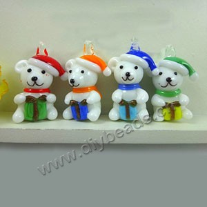 Charm, lampworked glass, red/white,orange/white,blue/white,green/white,4 colors to option, 25x15mm, bear with hat and scarf. Sold per pkg of 200.