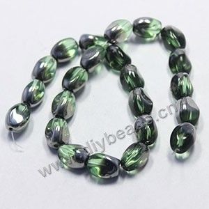 Bead ,silver-plated glass, light green, 13x10mm twisted oval. Sold per pkg of ten 30cm strand.