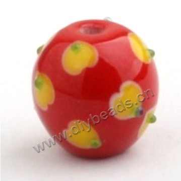 Bead, lampworked glass,red with flower, 16x16mm round.mini order 50pc 