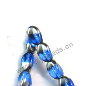 Bead ,silver-plated glass, blue, 13x10mm twisted oval. Sold per pkg of ten 30cm strand.