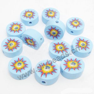 Bead, polymer clay, turquoise blue/yellow, 10x4mm double-sided flat round with flower. Sold per pkg of 24.