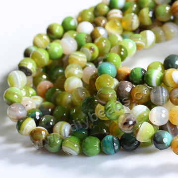 Beads, striped agate, green color, 8mm faceted round. Sold per pkg of 10 strands