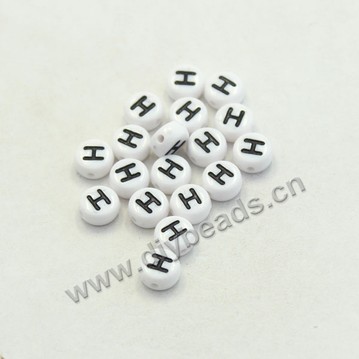 Bead mix, acrylic, white with black alphabet H, 7x4mm double-sided flat round with 1.2mm drill hole. Sold per pkg of 100ps