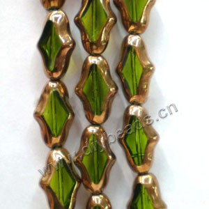 Bead, copper-plated glass, green, 20x8mm long cross. Sold per pkg of ten 14-inch strand.