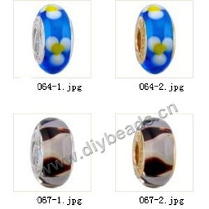 Bead,big-hole beads ,lampworked glass with silver-finished brass grommets,mixed colors and designs,6x12mm-8x14mm rondelle ,4mm spiral hole,sold per pkg of 10ps