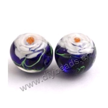 Bead, lampworked glass,purple with flower, 16x16mm round.mini order 50pc 