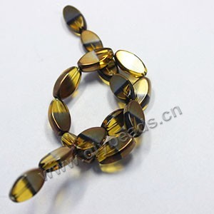 Bead ,copper-plated glass, amber, 19x10mm flat oval. Sold per pkg of ten 31cm strand.