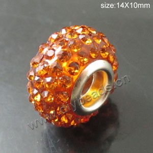 Bead, big-hole beads,pewter ,gold, 14x10mm rondelle with rhinestone, 5mm hole. Sold per pkg of 10ps