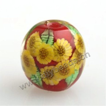 Bead,Japan lampworked glass,red with flower,18x18mm round.mini order 100pc 