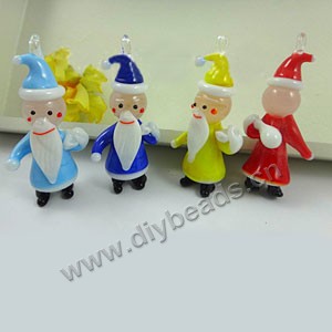 Charm, lampworked glass, red,yellow,blue,turquoise blue 4 colors to option, 45x22mm Santa with hat and bag. Sold per pkg of 100.