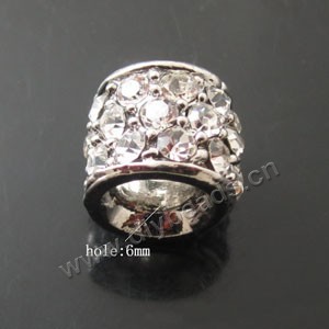 Bead, big-hole beads,pewter ,clear, 10.4x12mm round tube with rhinestone, 6mm hole. Sold per pkg of 10ps