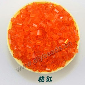 Bugle bead, glass,transparent crystal,orange-red ,#1(2x2mm) beads. Sold per pkg of 80 grams,approximately 4,500ps.