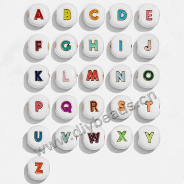 Amazon hot sale 7*8mm flat personalized rainbow enamel initial alloy letter beads with gold trim for bracelet making
