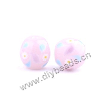 Bead, lampworked glass,pink with flower, 16x16mm round.mini order 50pc 