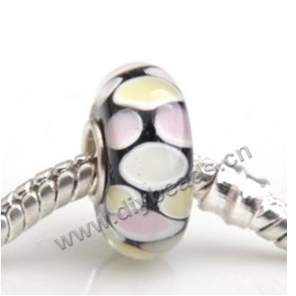 Bead, big-hole beads,Lampworked glass and 925 sterling silver grommet,black with dot, 14x7mm rondelle with 4.5 mm hole,sold per pkg of 50ps